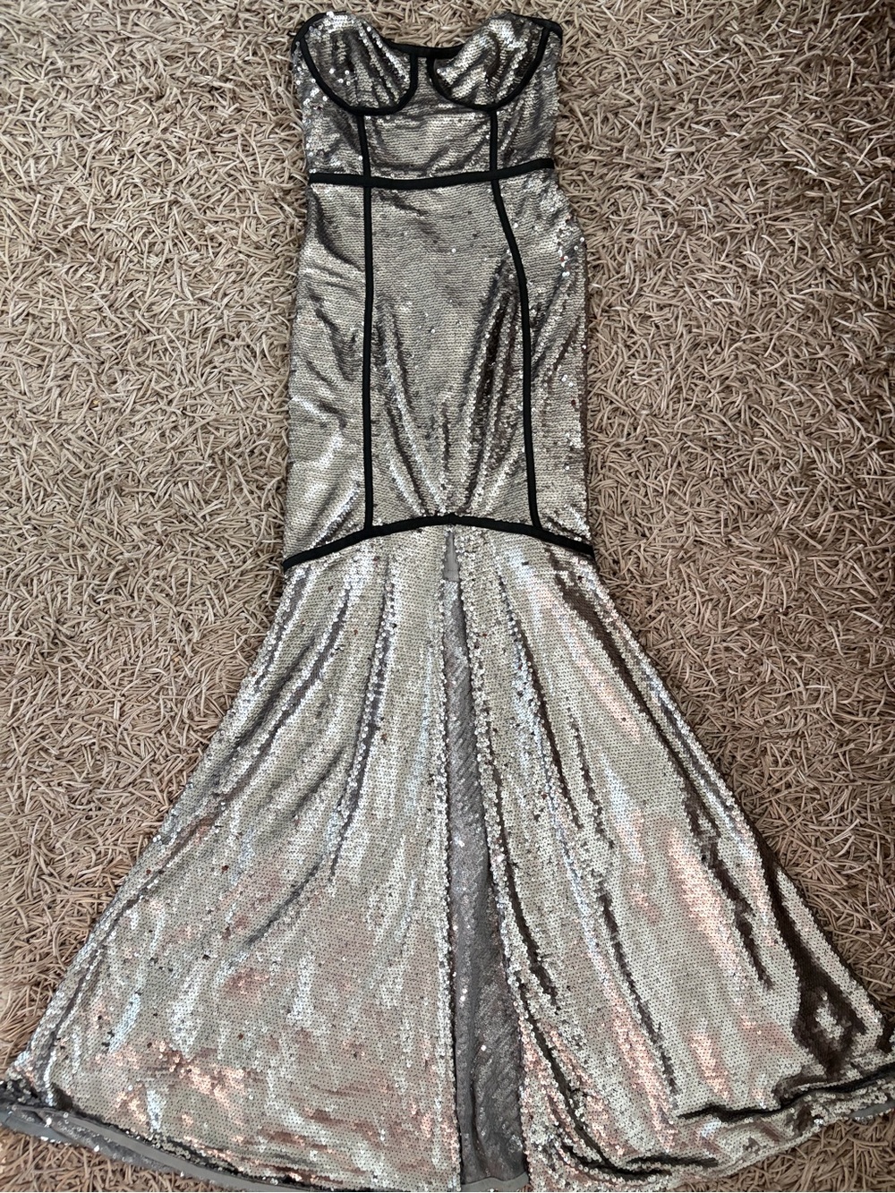 Fashion Nova Silver Sequin Strapless Mermaid Dress with Black Trim